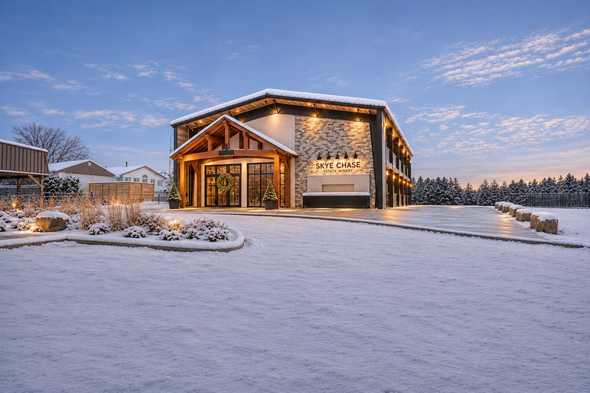 Skye Chase Estate Winery building with snow on the roof and driveway, photographed outdoors in winter. The facade combines wood, stone, and light-colored panels, with illuminated signage reading 'SKYE CHASE'.