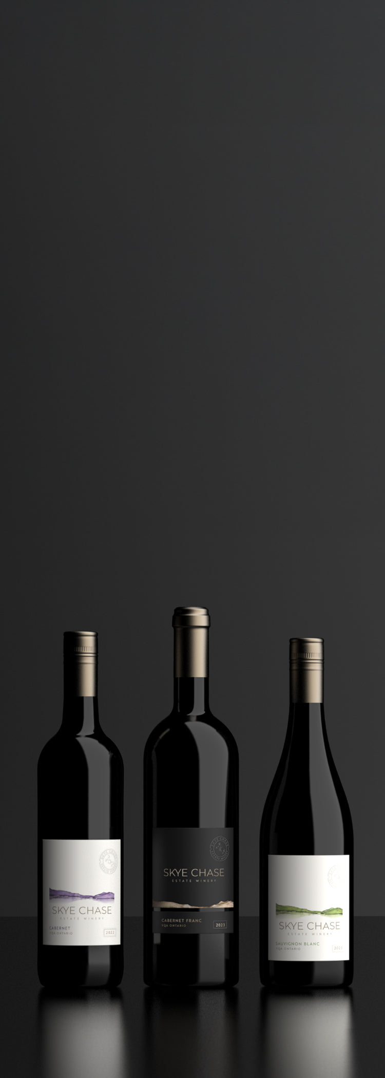 Skye Chase wine bottles on a dark background